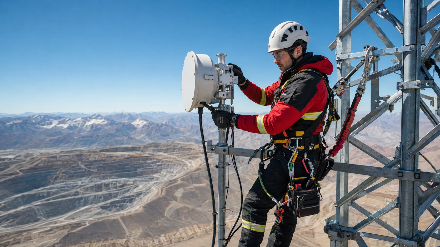 Técnico de telecomunicaciones instalando un enlace en una torre de gran altura